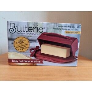 NEW Butterie Red Flip Top Lid Butter Dish With Spreader Countertop Soft Anytime